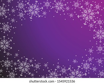 Winter background with violet gradient and white snowflakes. Christmas background for greeting cards, wallpaper or banners.