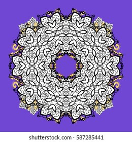 Winter background with violet snowflakes. Vector background with doodles and golden elements.