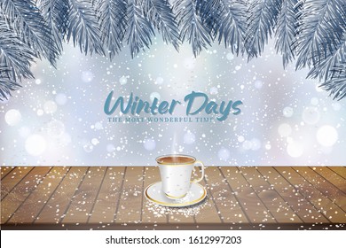 Winter background of weather snowfall  with old wooden table and cup of tea. Vector