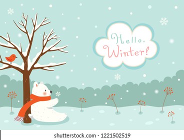 Winter background with white bear and bird