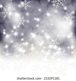 Winter background, white fluffy snow, falling snowflakes and lights