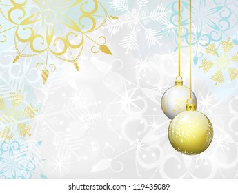 winter background with white and golden christmas ball, vector illustration, with transparency and gradient meshes, eps 10