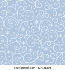 winter background, white and grey swirl lines and white snowflakes on grey background, seamless pattern, vector illustration