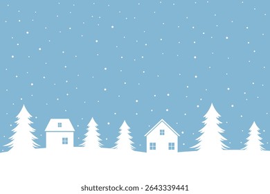 Winter background. White houses, fir trees and snow on a blue background. Christmas fairytale landscape. Vector illustration