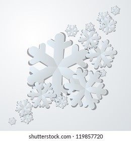 Winter background. White paper snowflakes with shadows. Vector illustration