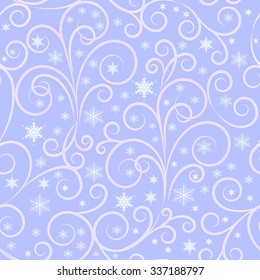 winter background, white and pink swirl lines and white snowflakes on light lilac background, seamless pattern, vector illustration