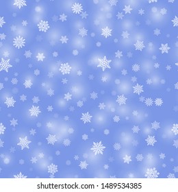 Winter background with white snowflakes on sky blue backdrop. Concept of Merry Christmas and Happy New Year holidays. Realistic snowfall for decoration and covering vector illustration.