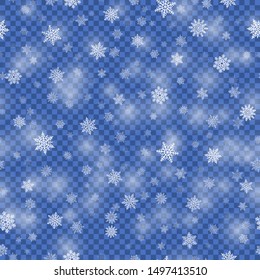 Winter background with white snowflakes on transparent backdrop. Concept of Merry Christmas and Happy New Year holidays. Realistic snowfall for decoration and covering vector illustration.