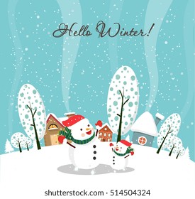 winter background white snowmen and snow falling design
