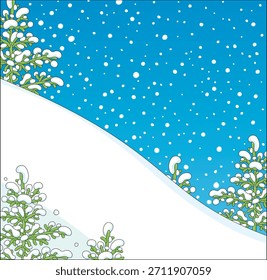 Winter background with a white snowy hill, green fir trees and falling snowflakes in blue sky on a beautiful frosty day in a snow-covered forest, vector cartoon illustration