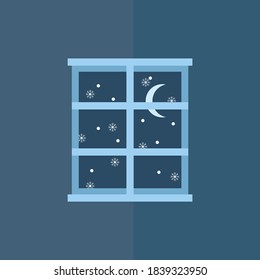 Winter background window view at night with snowflakes modern flat design