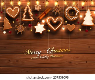 Winter Background. Wood Texture. Christmas Balls. Xmas Lights, Christmas Cookies