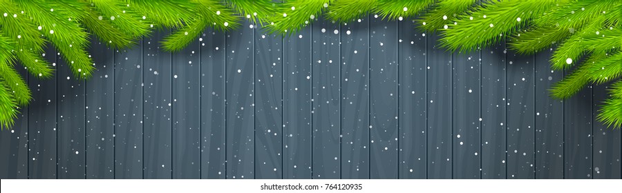 Textura De Madera De Fondo Invierno Con Ramas Verdes De Árbol De Navidad Y Copos De Nieve Ilustración Horizontal