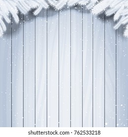 Winter Background Wooden Texture With White Fir Tree Branches And Snowflakes Vector Illustration