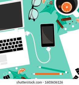 Winter background. Workplace for business, management and IT. View from above. Blank template for sale, poster, promo, wallpaper, background. Vector Illustration