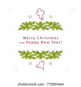 Winter background. Wreath with branches of a Christmas tree isolated on white, decorated with the silhouette of an angel, with stars and a Christmas bell. Elements for New Year greeting cards, banners