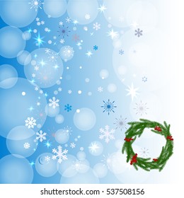 Winter background with wreath and snowflakes. Can be use as banner or poster.Vector illustration.
