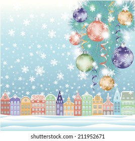 Winter background, xmas city. vector illustration