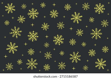 Winter background with yellow snowflakes on a gray background. Festive background with pixel snowflakes.