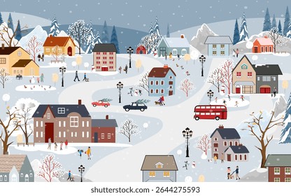 Winter background,Nature landscape forest,mountains and snow,Christmas banner with people celebration in city park,Vector Winter wonderland for Xmas,New Year 2026