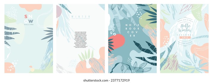 Fondo invernal con plantas, ramas y hojas congeladas. Paisajes y patrones de invierno. Cubiertas vectoriales creativas y banners de venta idea con elementos de diseño natural.