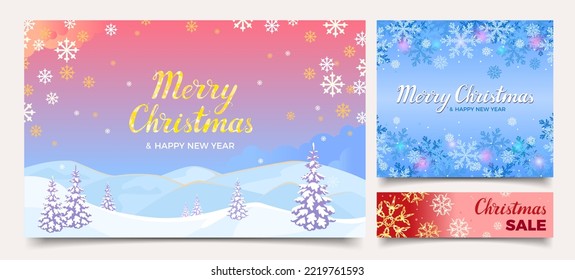 Montaje de invierno. Banners, tarjetas y descuentos de Navidad. Ilustraciones vectoriales luminosas con paisaje nevado y copos de nieve.