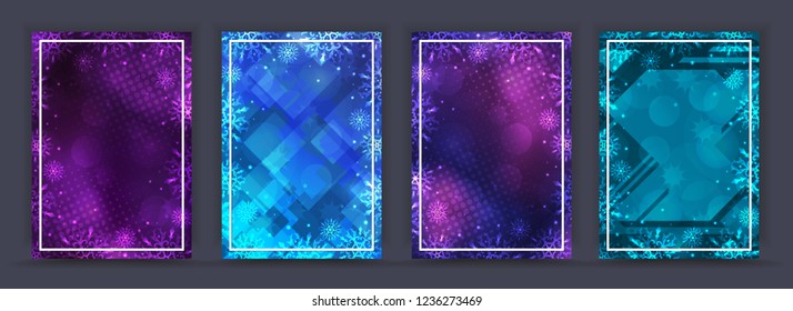 Winter backgrounds set. Winter frame with snowflakes. Christmas Greeting Card. New Year background with space for your text. Winter template. Christmas backdrop. New Year flyer.