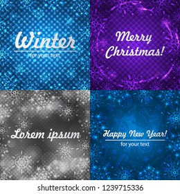 Winter backgrounds set. Winter frame with snowflakes. Christmas Greeting Card. New Year background with space for your text. Winter template. Christmas backdrop. New Year flyer.