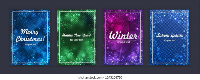 Winter backgrounds set. Winter frame with snowflakes. Christmas Greeting Card. New Year background with space for your text. Christmas backdrop. New Year flyer. Template for new year greetings