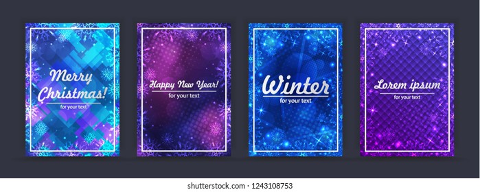 Winter backgrounds set. Winter frame with snowflakes. Christmas Greeting Card. New Year background with space for your text. Christmas backdrop. New Year flyer. Template for new year greetings