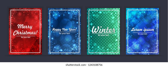 Winter backgrounds set. Winter frame with snowflakes. Christmas Greeting Card. New Year background with space for your text. Christmas backdrop. New Year flyer. Template for new year greetings