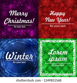 Winter backgrounds set. Winter frame with snowflakes. Christmas Greeting Card. New Year background with space for your text. Winter template. Christmas backdrop. New Year flyer.
