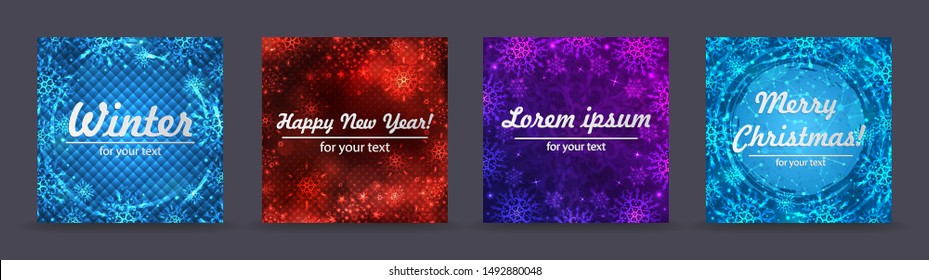 Winter backgrounds set. Winter frame with snowflakes. Christmas Greeting Card. New Year background with space for your text. Winter template. Christmas backdrop. New Year flyer.