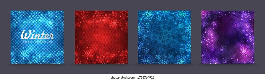 Winter backgrounds set. Winter frame with snowflakes. Christmas Greeting Card. New Year background with space for your text. Winter template. Christmas backdrop. New Year flyer.