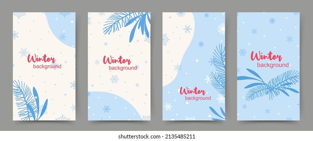 Winter backgrounds for social media stories, minimal post templates in blue colors.Vector illustration for mobile apps, invitation,ad,web banners