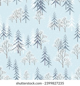 Fondo de invierno, Pino patrón sin soldadura recubierto de nieve sobre fondo azul,Caricatura de invierno suave fondo de repetición de patrón para papel envoltorio, regalo, ornamentos en la tarjeta de amarre Navidad,Año Nuevo