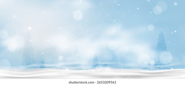 Winterhintergrund.Vektor Fröhliche Weihnachten und glückliches neues Jahr Grußkarte mit Kopienraum.Winterlandschaft mit verschneiten auf blauem Himmel und unscharfen Tannenbäumen,Banner schöne fallenden Schneeflocken Tapete