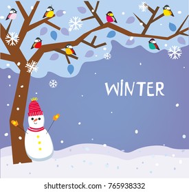 Winter backround with snow, tree and birds for the Christmas card, banner or ad. Vector graphic illustration