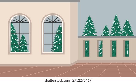 Winter Balcony View with Snowy Pine Trees. Peaceful Balcony in Wintertime. House building. Apartment building.