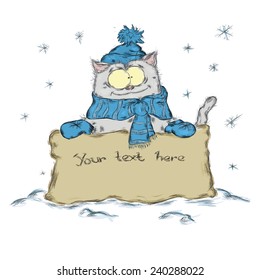 Winter banner with cartoon cat