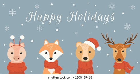 Winter banner with cute animals: deer, fox, bear, piggy. Merry christmas and happy new year. Vector illustration.