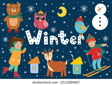 Banner de inverno com animais bonitos e crianças em estilo cartoon. Fundo da estação fria com boneco de neve, rena, urso e muito mais. Ilustração vetorial