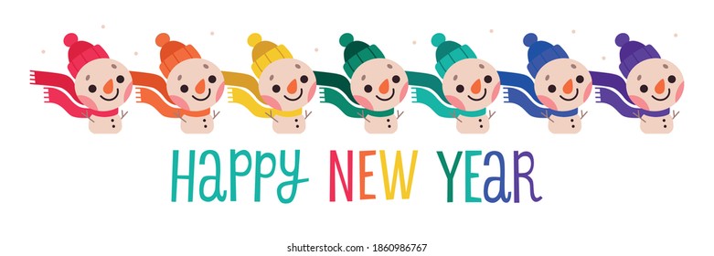 Winter banner with cute rainbow snowmen in wool hats and with scarfs. Happy new year lettering.