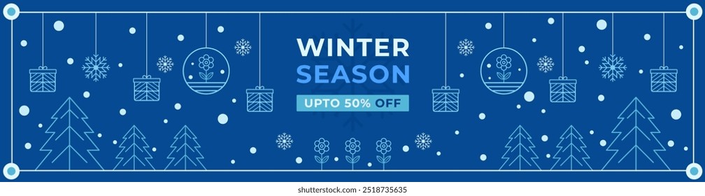 Winter banner decorated with gifts, trees, flowers, and other elements. Line illustrations in vector form.