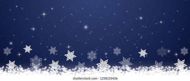 Winter banner. Winter design with falling snowflakes and snow. Horizontal winter background, greeting card