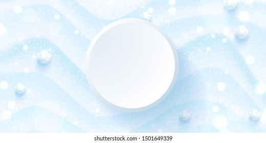 Winter banner with frame for your text. Snowy background with shiny flying snowflakes and snowballs.Vector illustration.