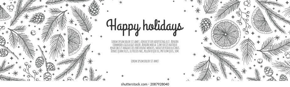 Winter banner. With hand drawn cones,xmas tree. Christmas vector illustration.
