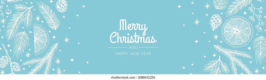Winter banner. With hand drawn cones,xmas tree. Christmas vector illustration.