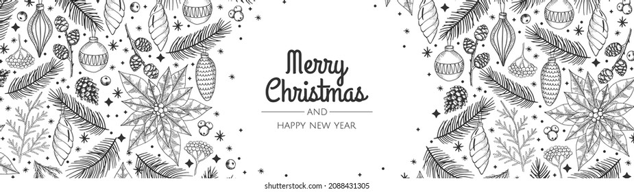 Winter banner. With hand drawn cones,xmas tree. Christmas vector illustration.