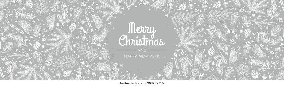 Winter banner. With hand drawn cones,xmas tree. Christmas vector illustration.